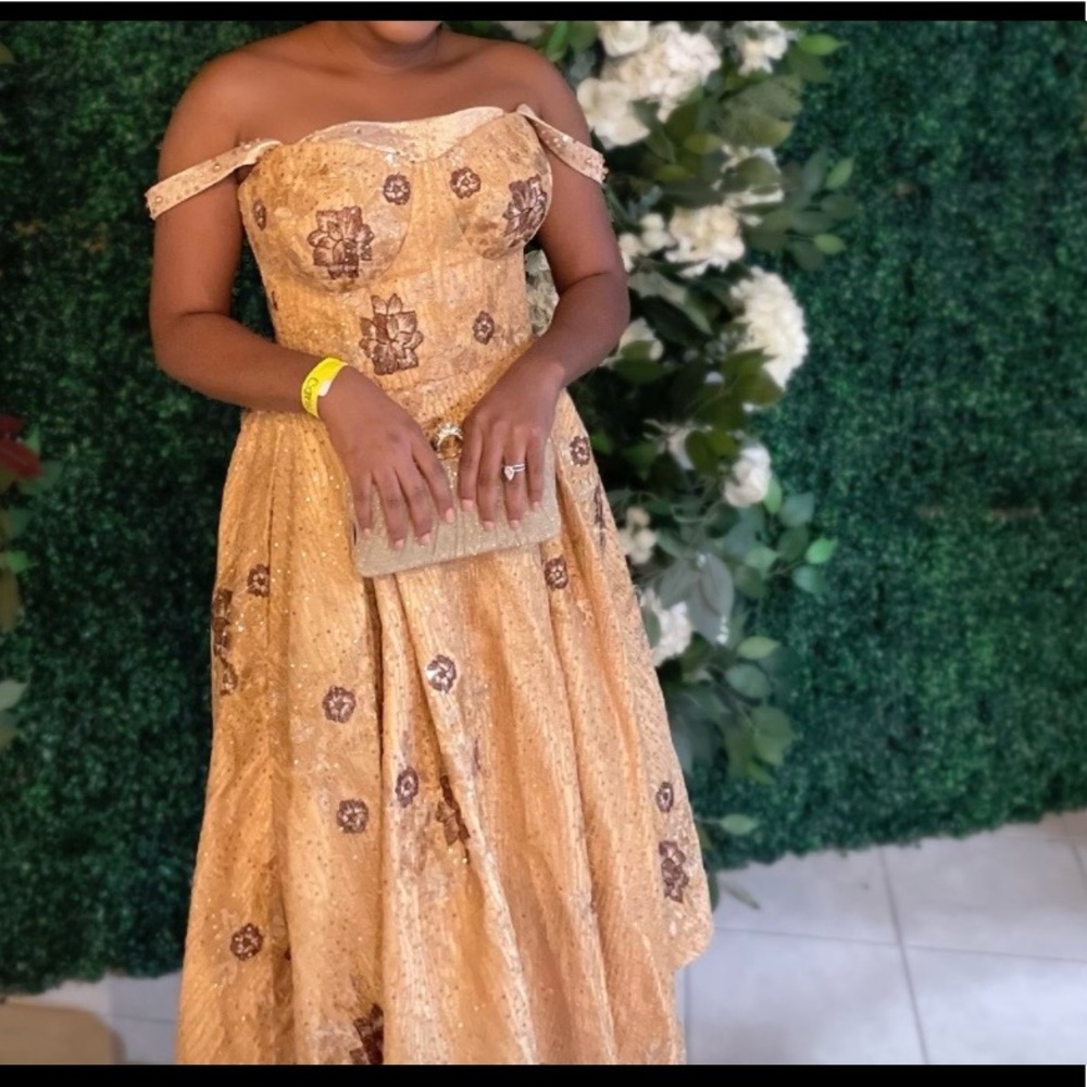 Yellow and brown corset midi dress